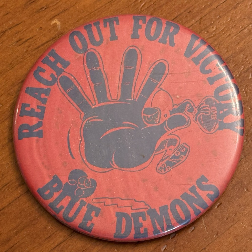 Reach Out For Victory Blue Demons VTG Pinback Button Pin Round Circle Football - Picture 1 of 3